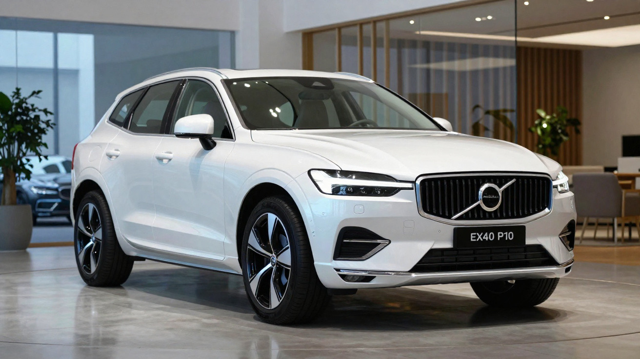 Carro Volvo EX40 P10 branco exposado em salão moderno com chão refletor e vidro ao fundo.