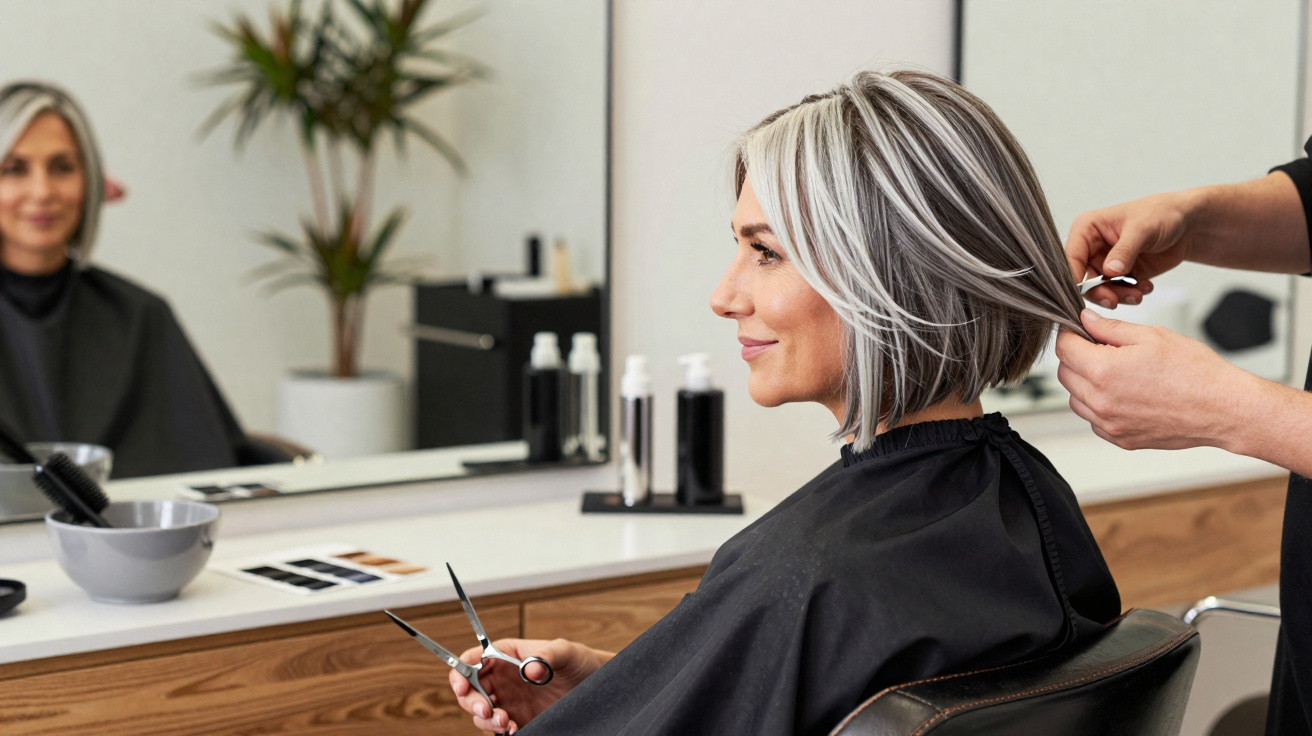 Mulher com cabelo curto cinza sentada em cabeleireiro a ser preparada para corte.