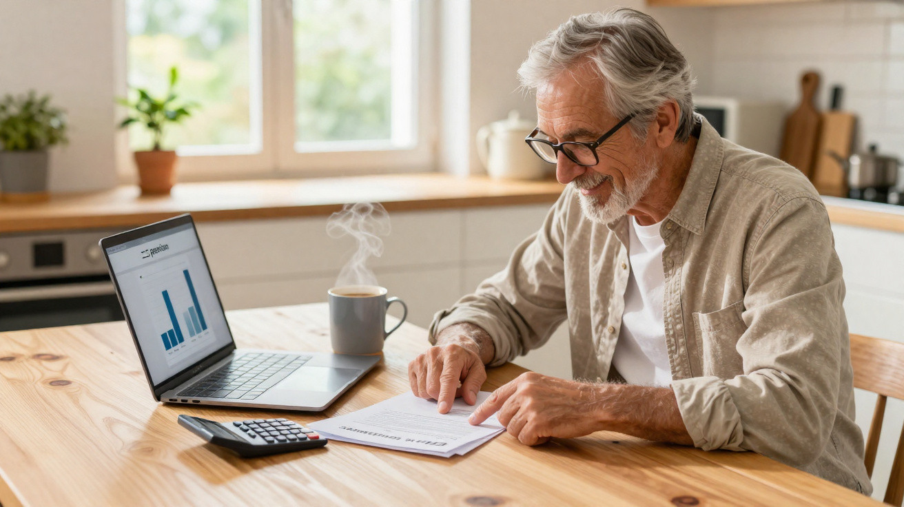 Homem sénior sentado à mesa a analisar documentos, com portátil, calculadora e chá quente ao lado.