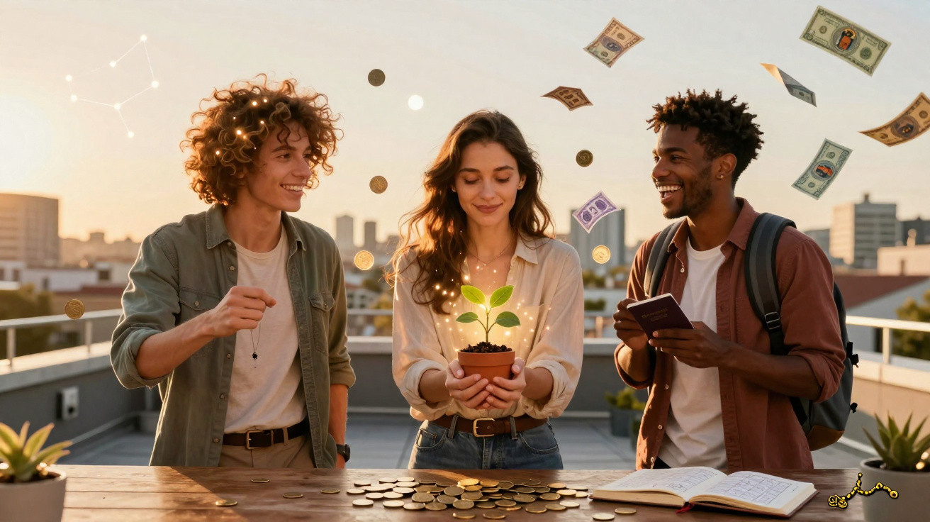 Três jovens numa varanda com moedas e notas a flutuar e planta luminosa em vaso nas mãos de uma mulher.