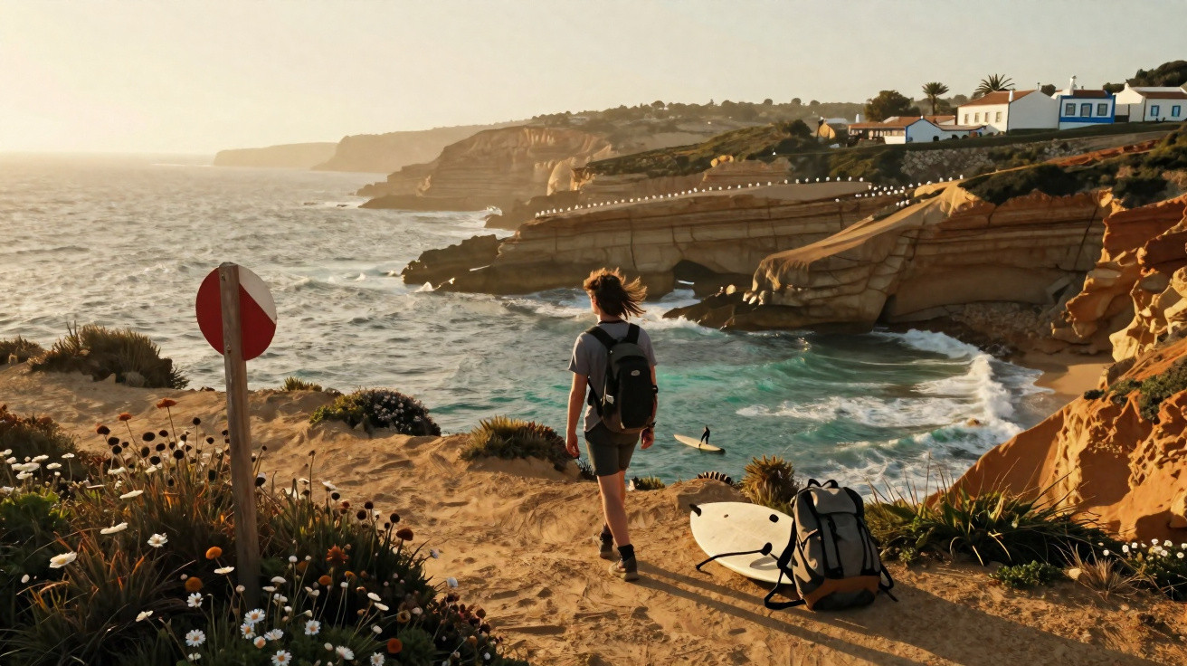 Pessoa com mochila a caminho de praia rochosa com prancha e mar agitado ao pôr do sol.