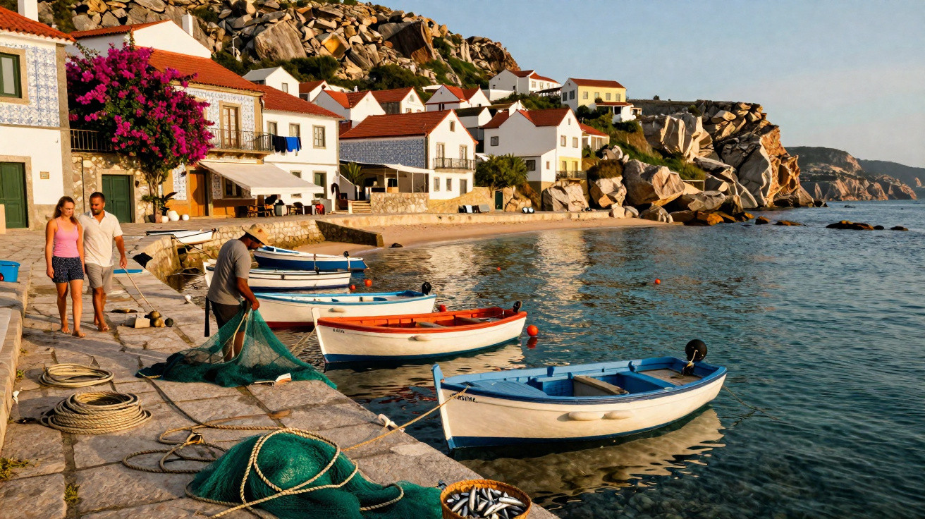 Vila costeira com casas brancas, barcos de pesca ancorados e pescador a arrumar redes na doca ao pôr do sol.