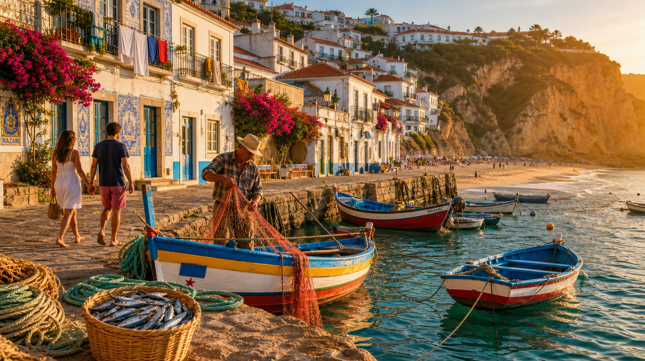 Pescador arruma redes junto a barcos coloridos numa vila costeira com casas brancas e flores ao pôr do sol.