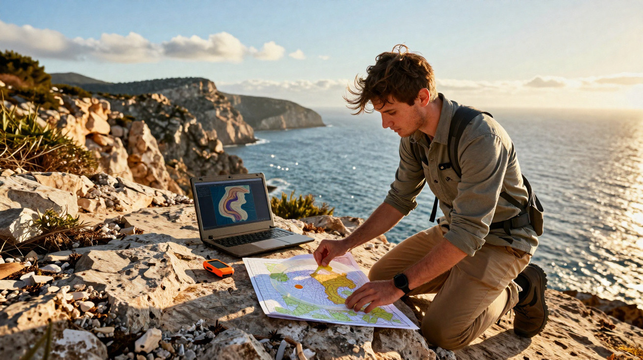 Homem ajoelhado em falésia junto ao mar a analisar mapa e computador portátil ao pôr do sol.