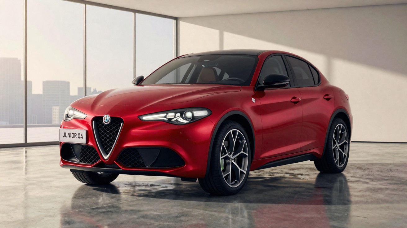Carro desportivo vermelho Alfa Romeo Junior Q4 estacionado em piso de cimento com fundo de janelas grandes.