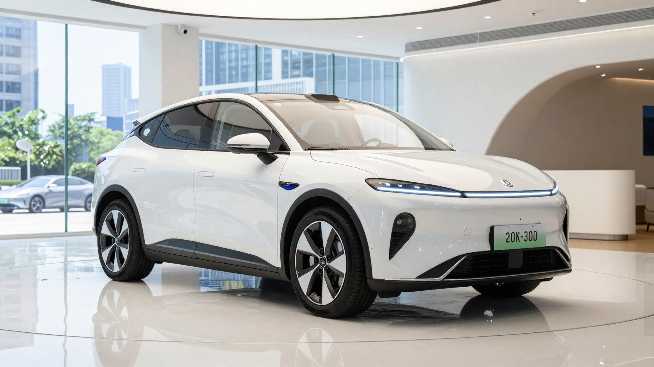 Carro elétrico branco exposto numa sala moderna com grandes janelas e chão branco brilhante.