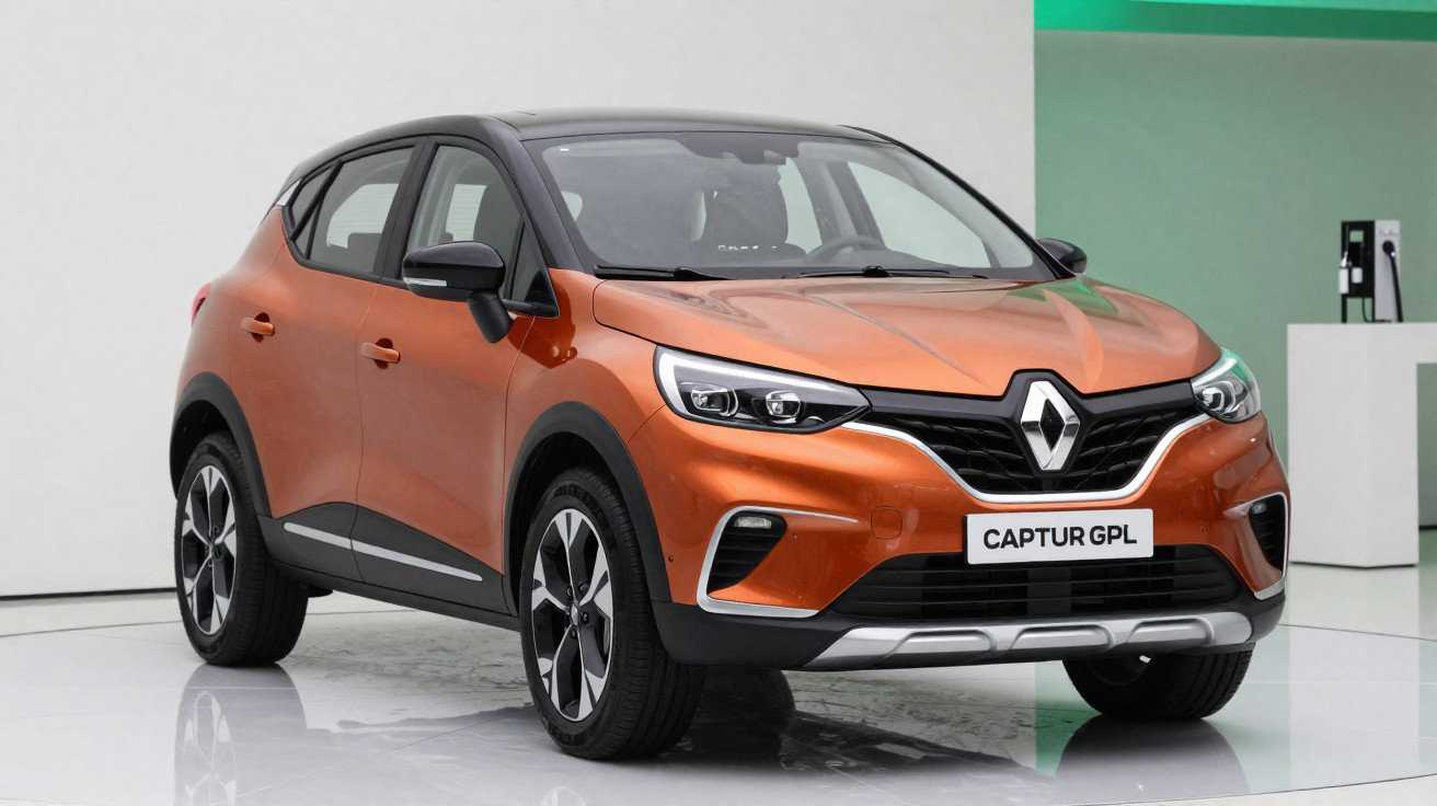 Carro Renault Captur em laranja com pára-choques pretos exposto em ambiente moderno e minimalista.