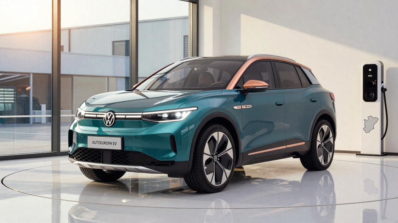Carro elétrico Volkswagen SUV azul com detalhes cor de bronze numa área de carregamento moderna interior.