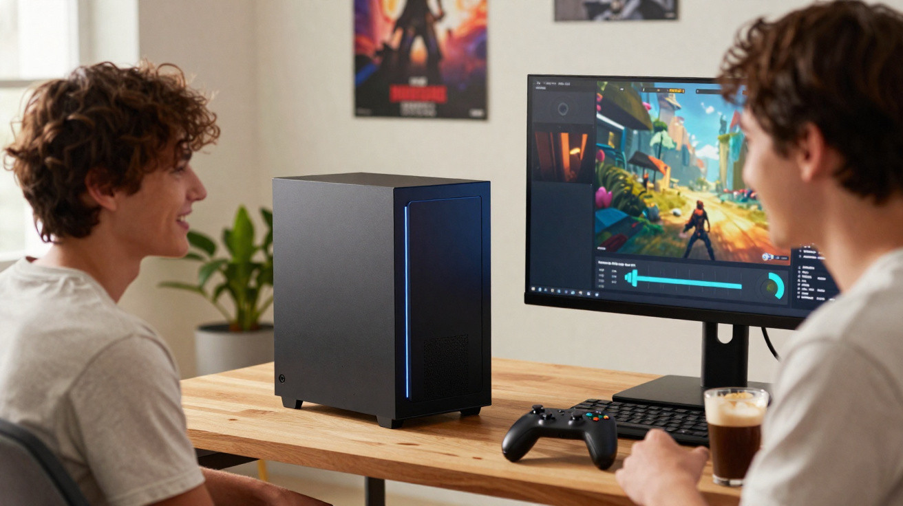 Dois jovens a jogar videojogos num computador de secretária com comando e bebida ao lado.