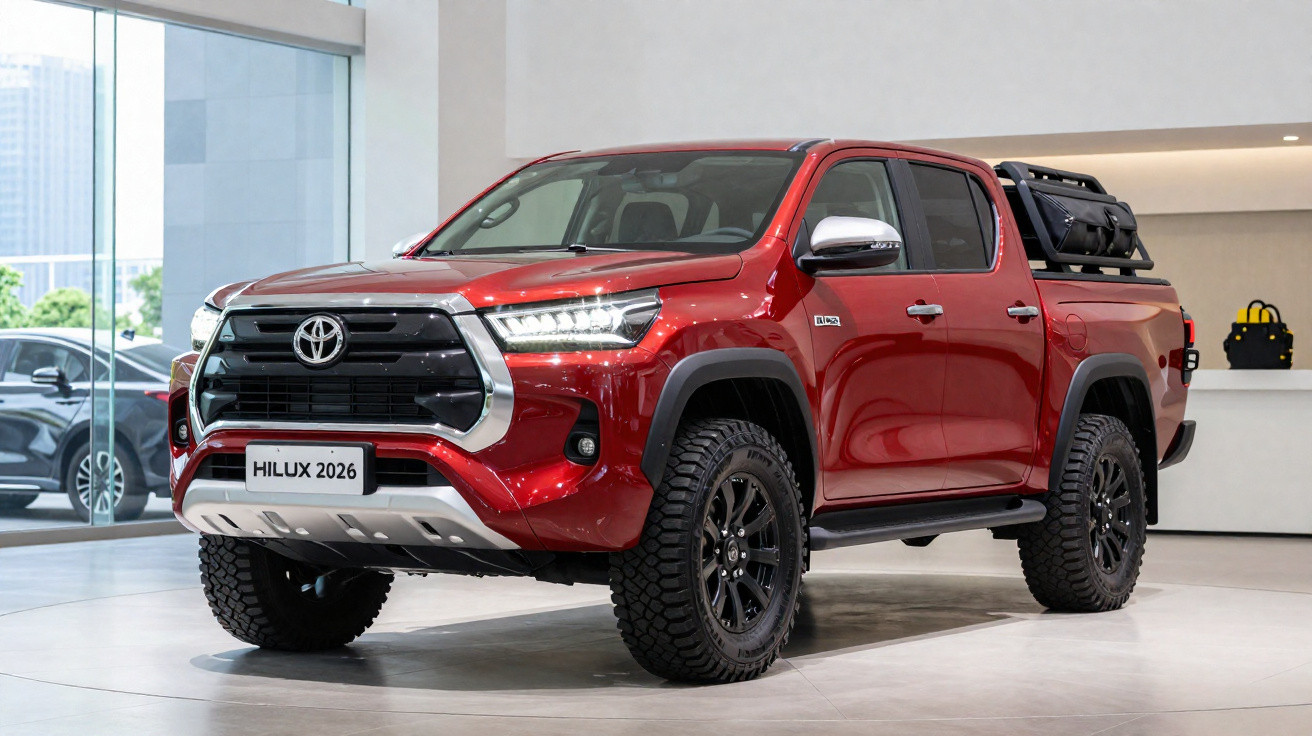 Pick-up Toyota Hilux 2026 vermelha em exposição interior, vista frontal ao ângulo esquerdo.