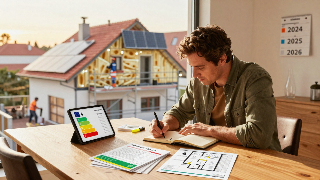 Homem a fazer anotações em mesa com plantas, documentos, tablet e casa em construção ao fundo.