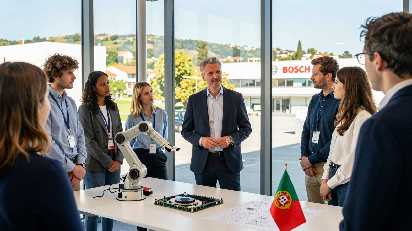 Grupo de profissionais em reunião com robô industrial numa sala moderna com vista panorâmica.