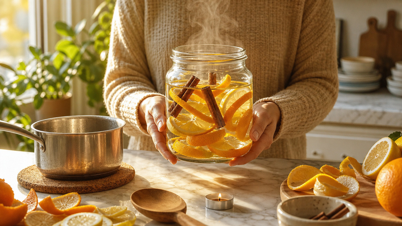 Pessoa a segurar frasco com infusão quente de cascas de laranja e paus de canela numa cozinha acolhedora.