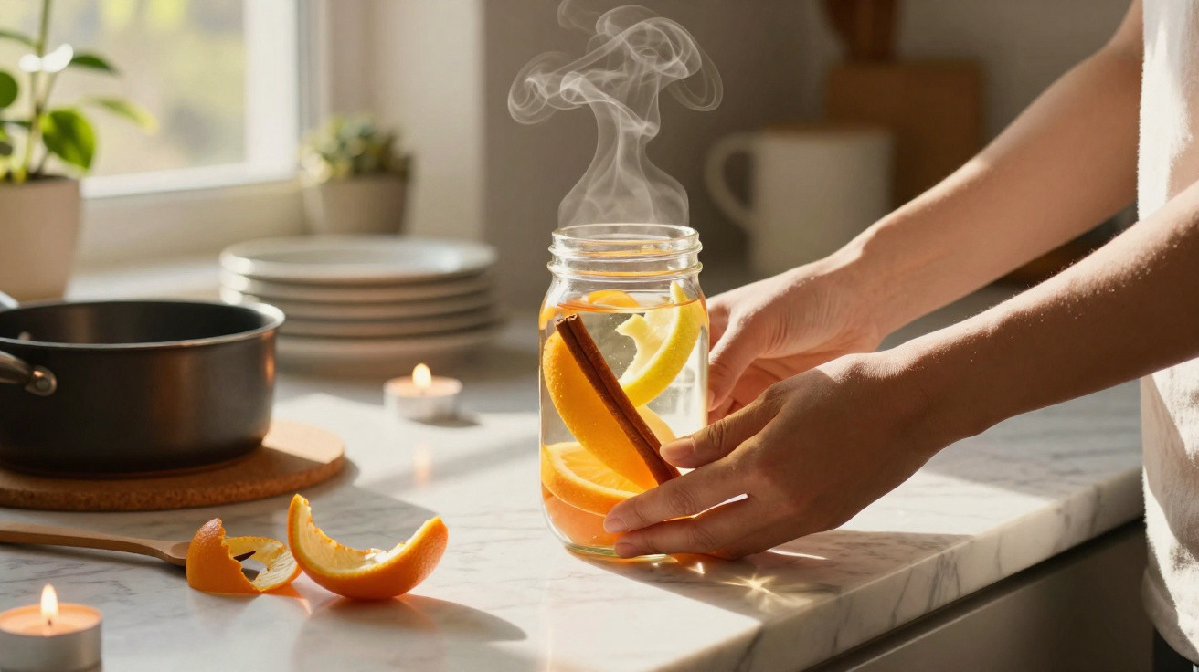 Mãos seguram frasco com infusão quente de laranja, canela e limão numa cozinha iluminada pelo sol.
