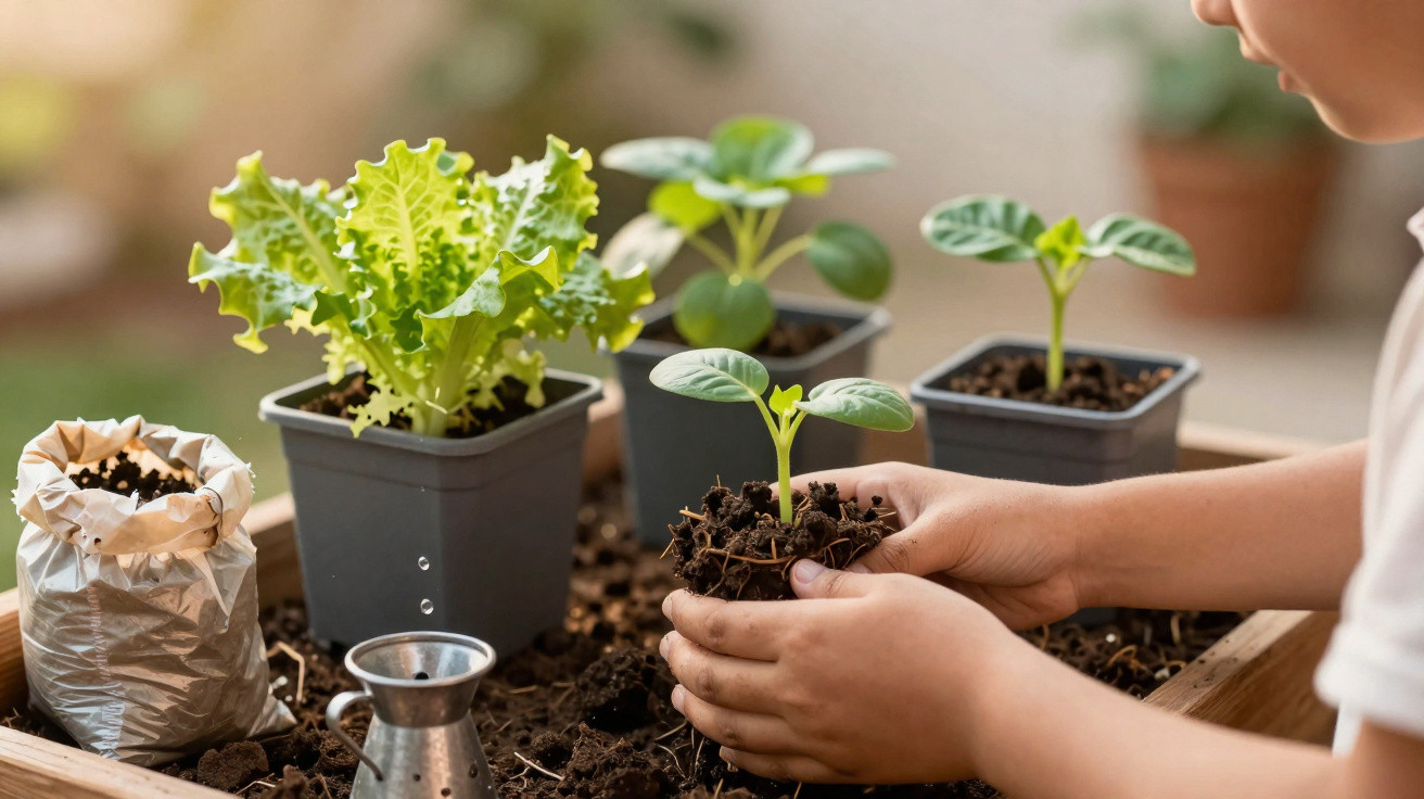 Mãos de criança a plantar muda em caixa de terra com outros vasos de plantas pequenas ao fundo.