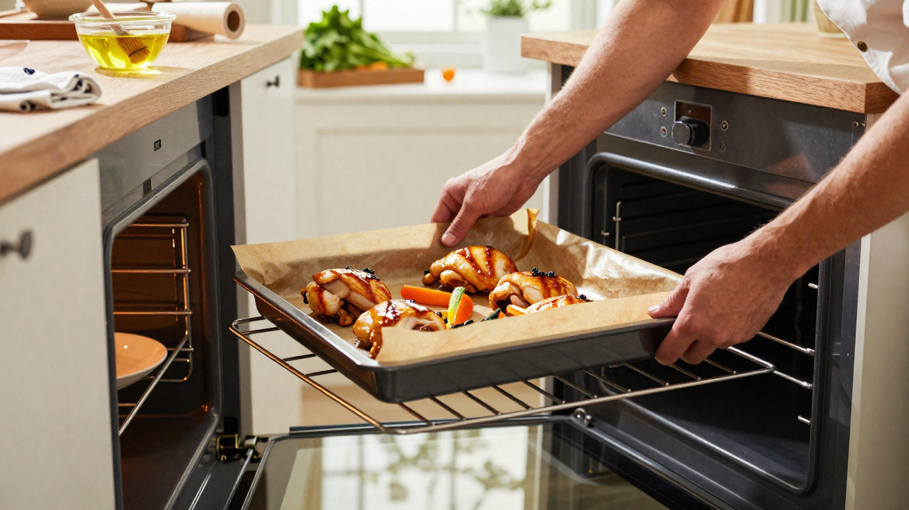 Pessoa a colocar tabuleiro com frango assado e legumes no forno numa cozinha moderna.