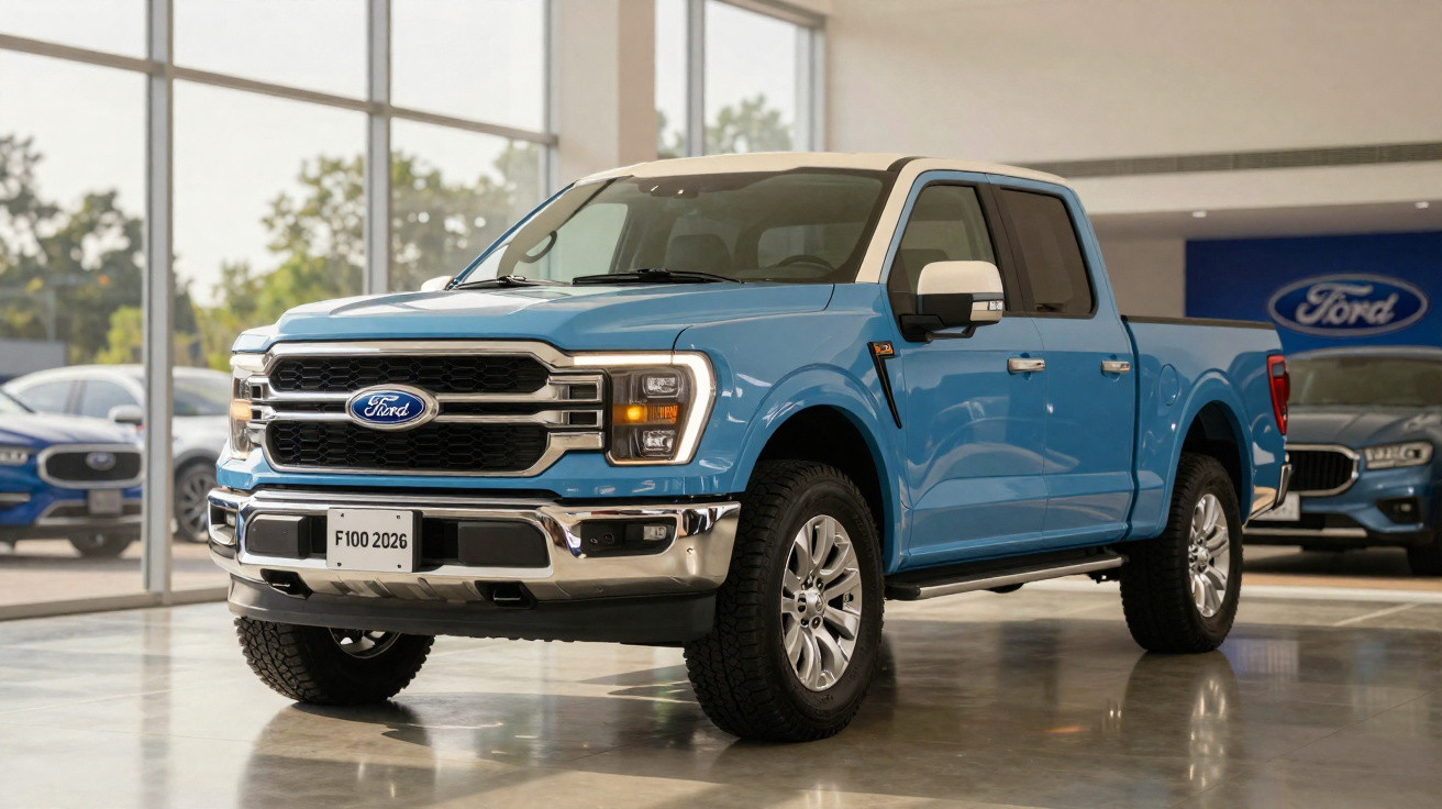 Camião pickup Ford F-100 azul claro, modelo 2026, exposto numa garagem iluminada.