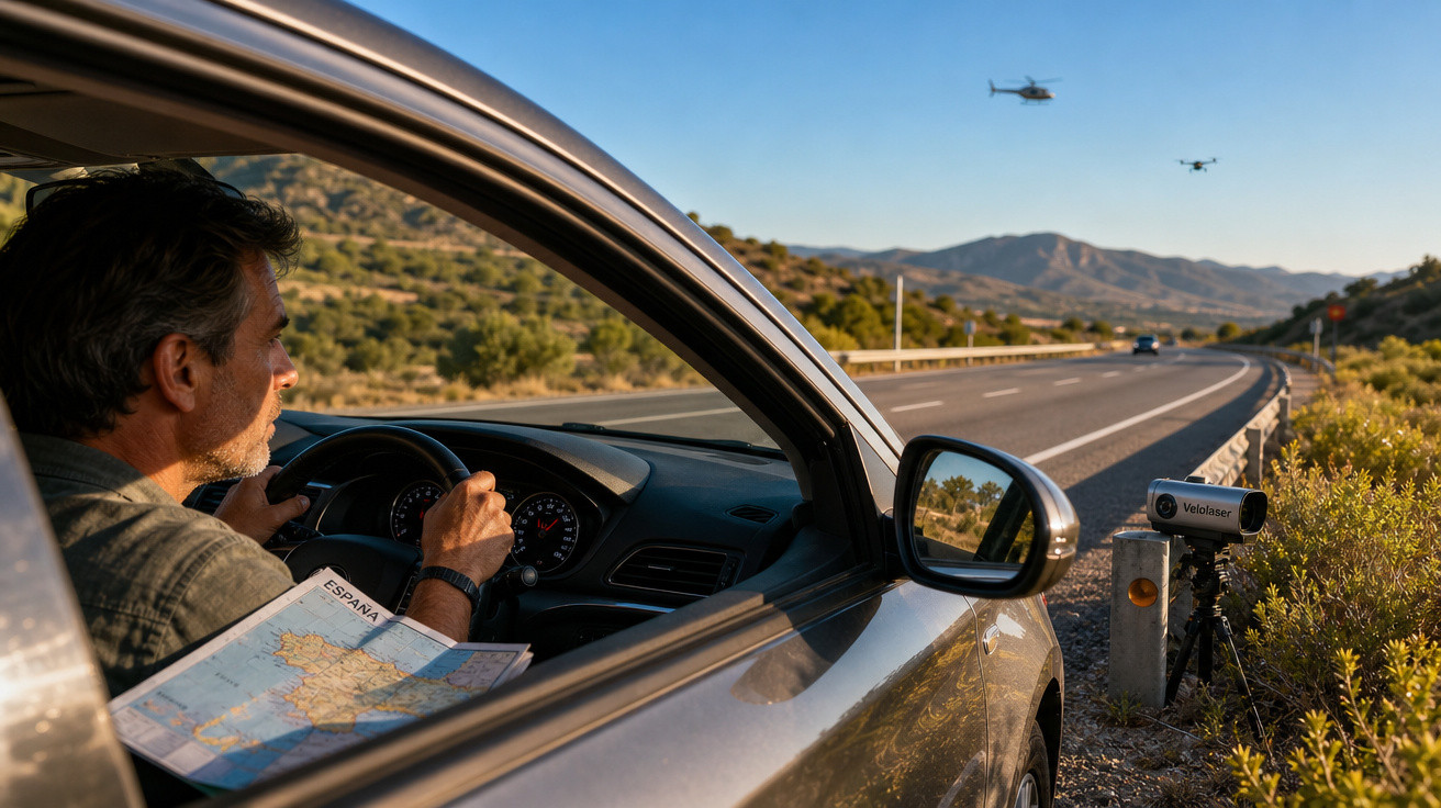 Homem dentro de carro a consultar mapa na mão enquanto olha para um radar de velocidade na berma da estrada.