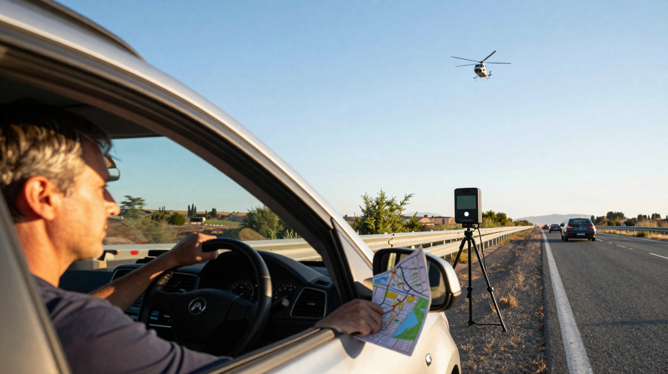 Homem ao volante de carro na berma da estrada com mapa na mão e equipamento de radar a controlar trânsito.