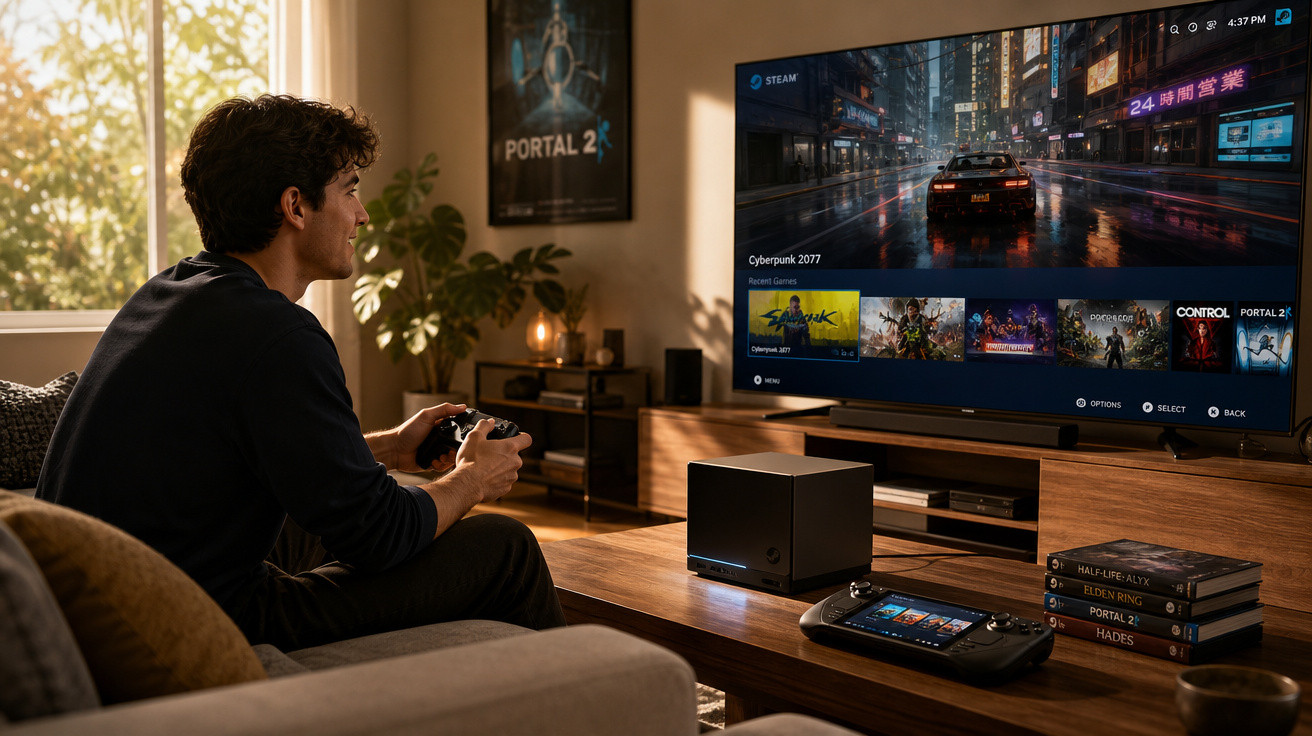 Homem sentado no sofá a jogar videojogos numa televisão grande numa sala iluminada.