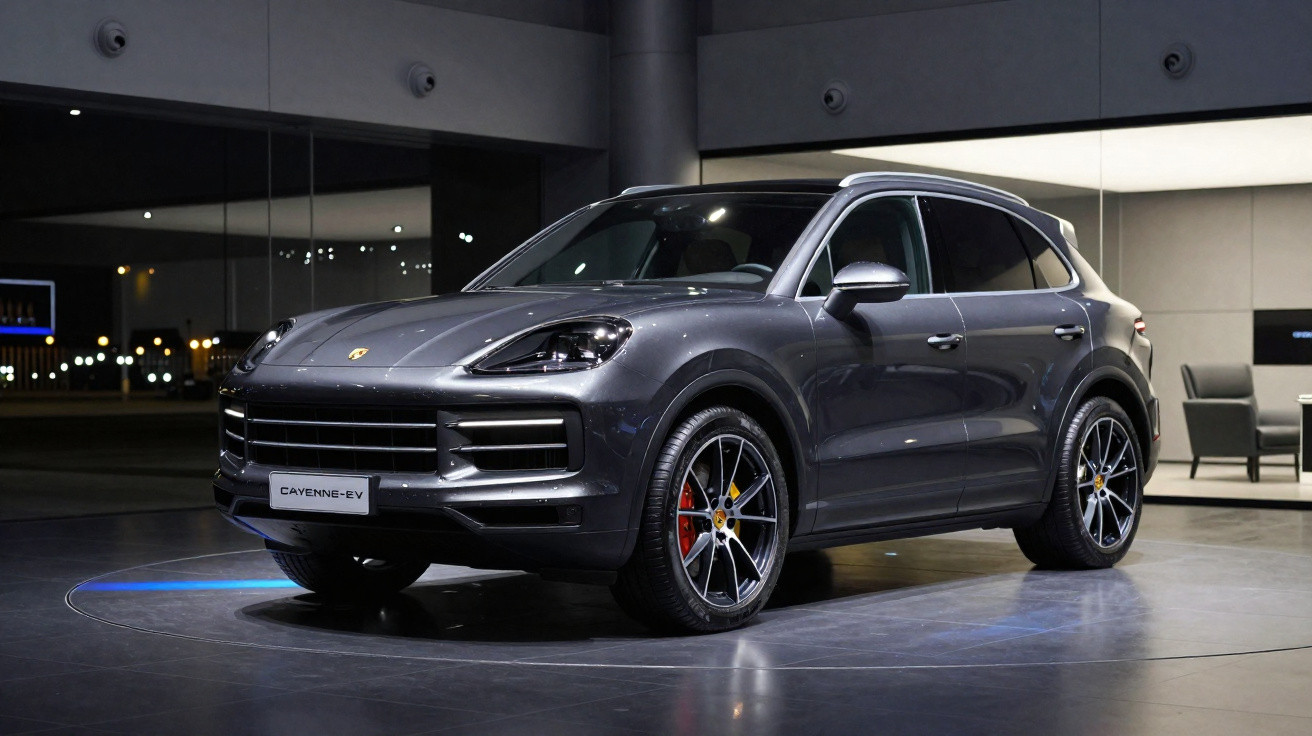 Carro SUV Porsche Cayenne EV cinzento exposto em ambiente interior moderno com iluminação ambiente.