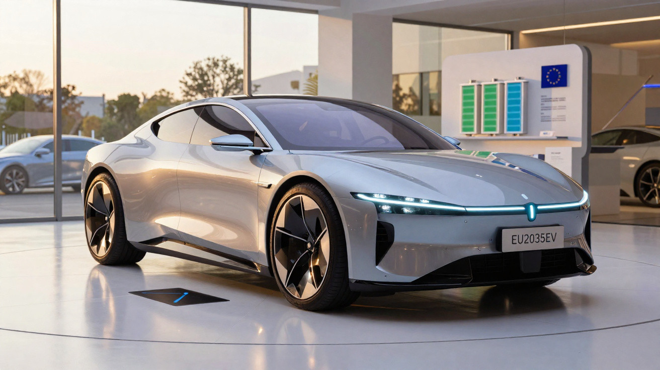 Carro elétrico desportivo prateado estacionado num showroom moderno com janelas amplas.