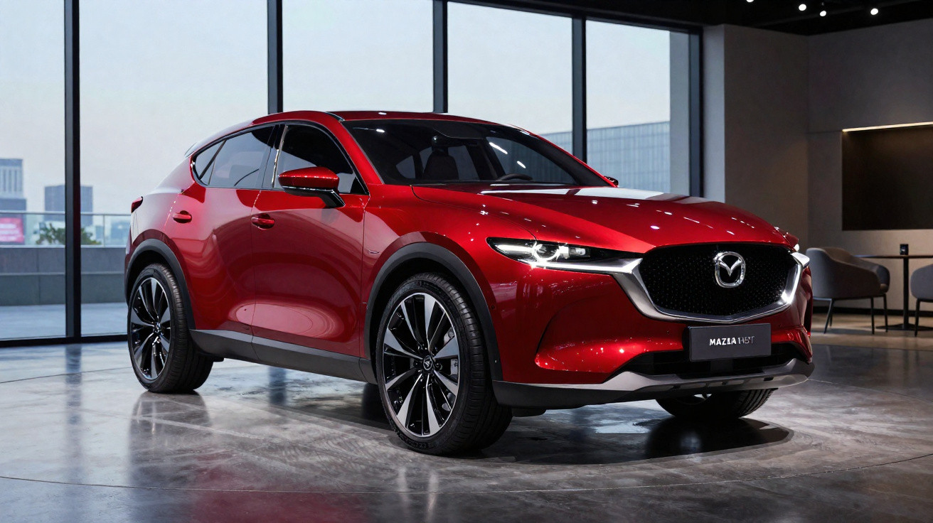Carro Mazda vermelha estacionado em piso interior com luz natural a entrar pelas janelas grandes.