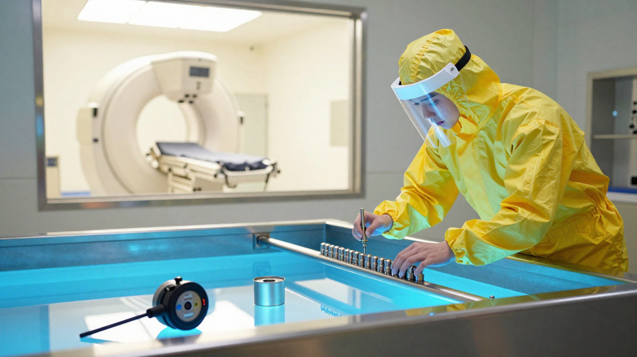 Técnico em equipamento de radiologia com fato de proteção a manusear peças em ambiente controlado.