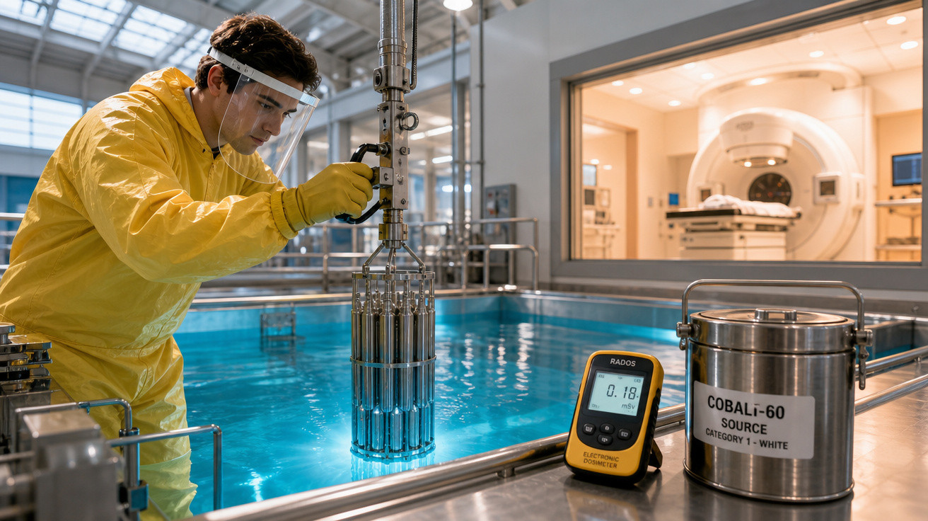 Técnico em fato de proteção mexe em dispositivo submerso num laboratório com equipamento de medição e recipiente de Cobalto-6