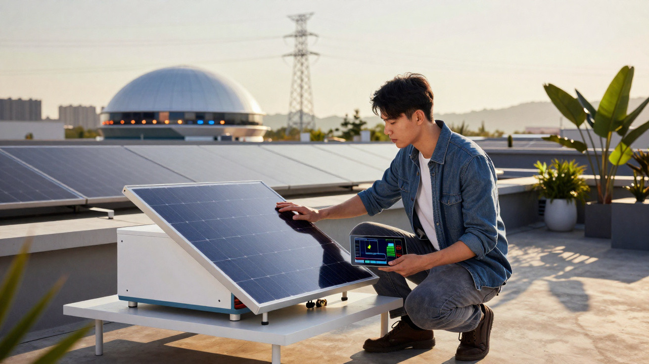 Homem a verificar painel solar com dispositivo eletrónico num telhado ao pôr do sol.