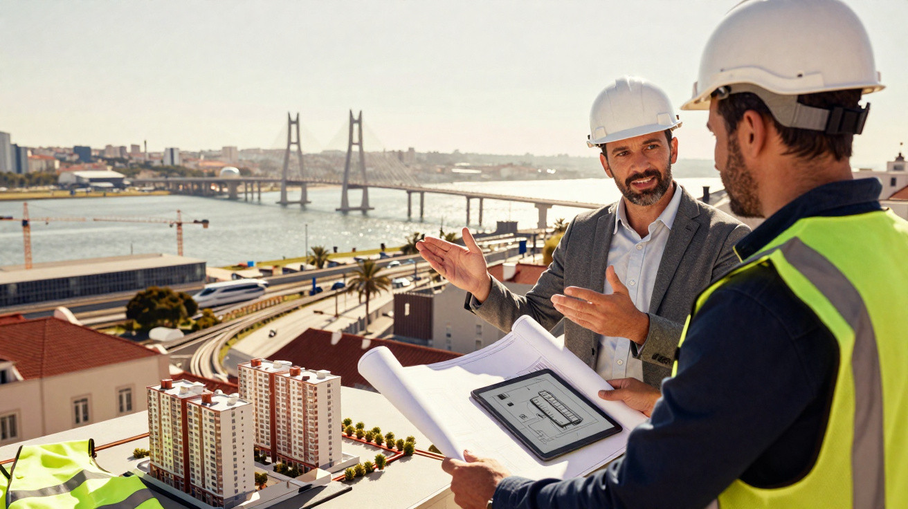 Dois engenheiros com capacetes discutem planos de construção junto a maquete e vista de ponte sobre rio.