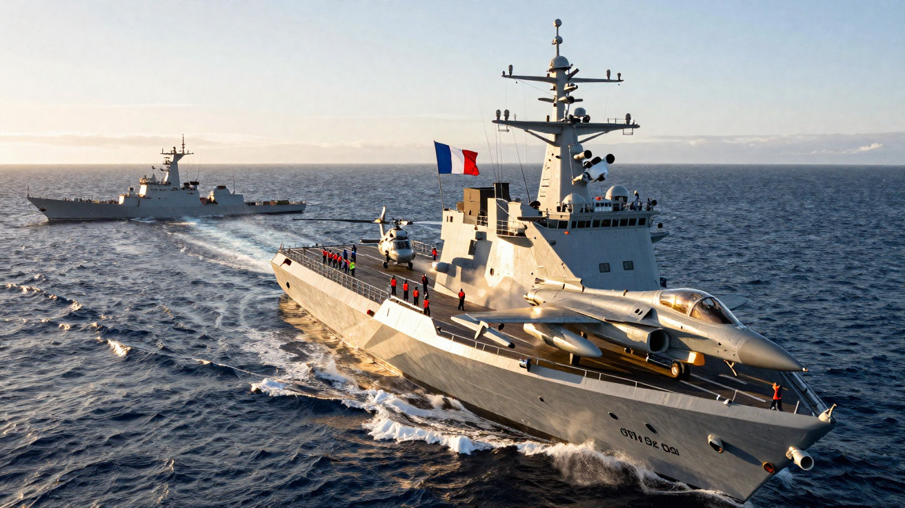 Porta-aviões militar francês com jato e helicóptero a navegar no mar, acompanhado por outro navio.