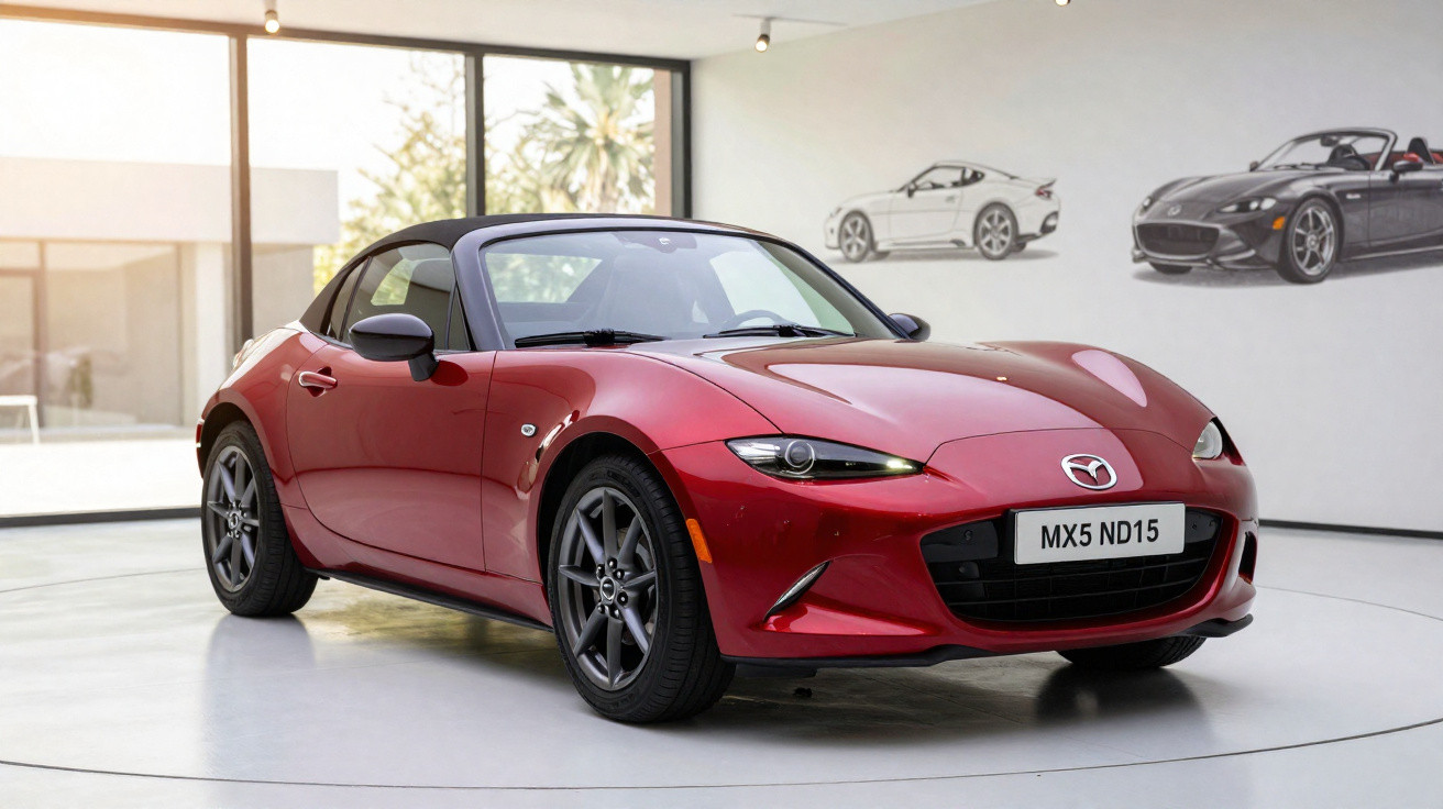 Mazda MX-5 vermelho estacionado em showroom moderno com janelas amplas e desenhos de carros na parede.