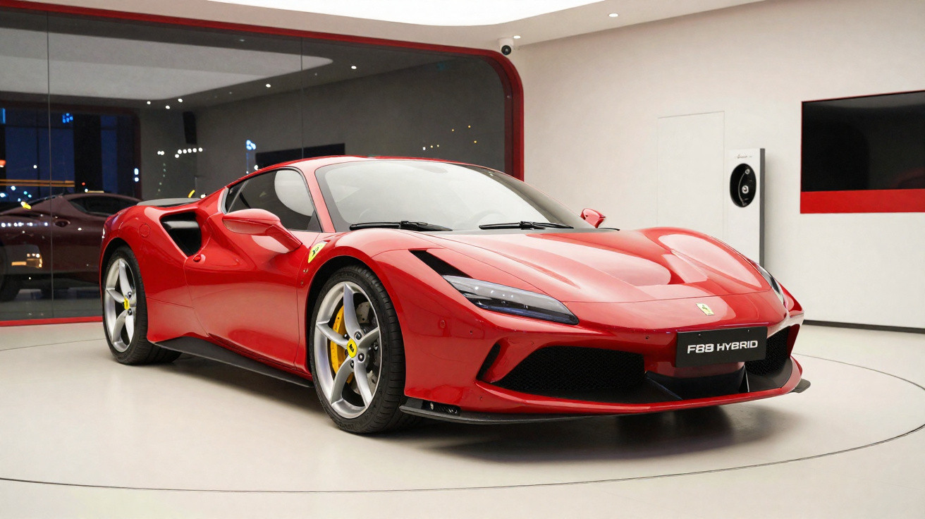Ferrari F8 Hybrid desportivo vermelho exposto em salão moderno com carregador elétrico na parede.