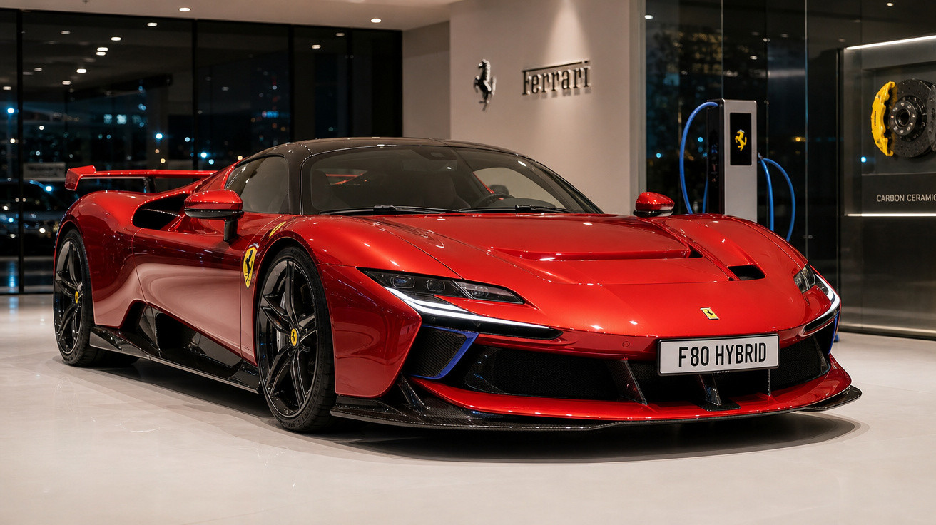 Carro desportivo vermelho Ferrari F80 Hybrid estacionado em sala de exposição moderna.