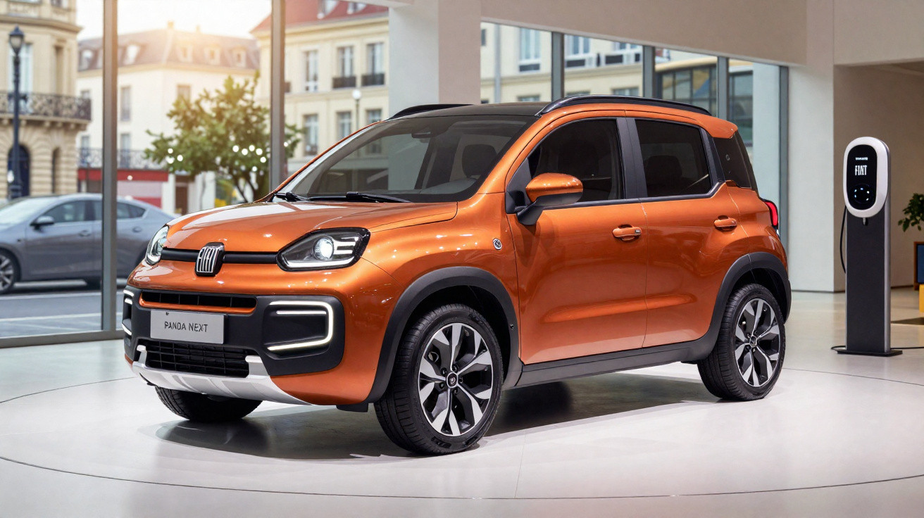 Carro elétrico compacto Fiat Panda Next laranja exposto em showroom moderno com estação de carregamento.