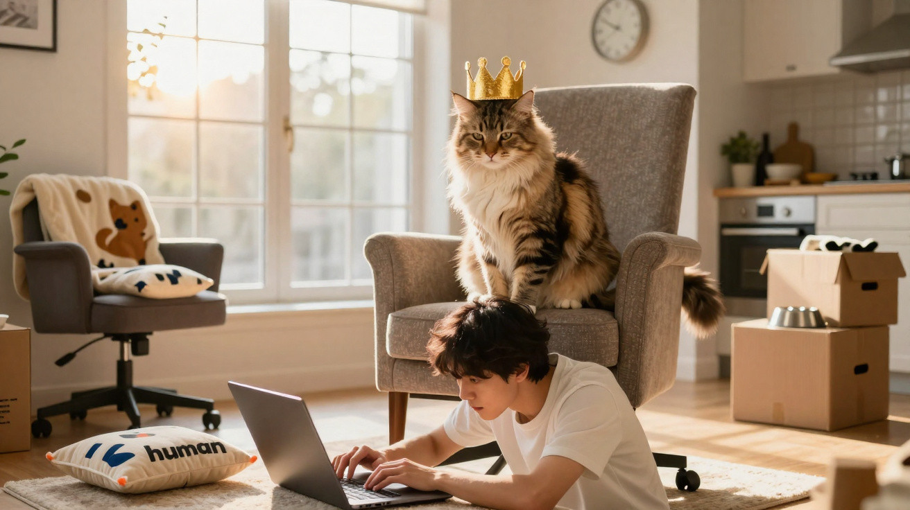 Gato com coroa sentado numa poltrona, com rapaz a trabalhar no portátil no chão de uma sala iluminada.