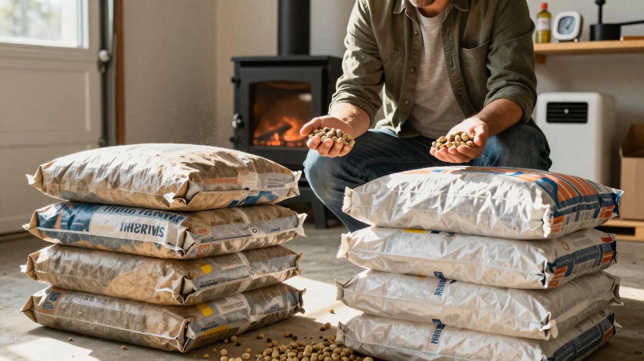 Homem sentado junto a lareira segurando pellets para aquecimento, com sacos empilhados no chão.