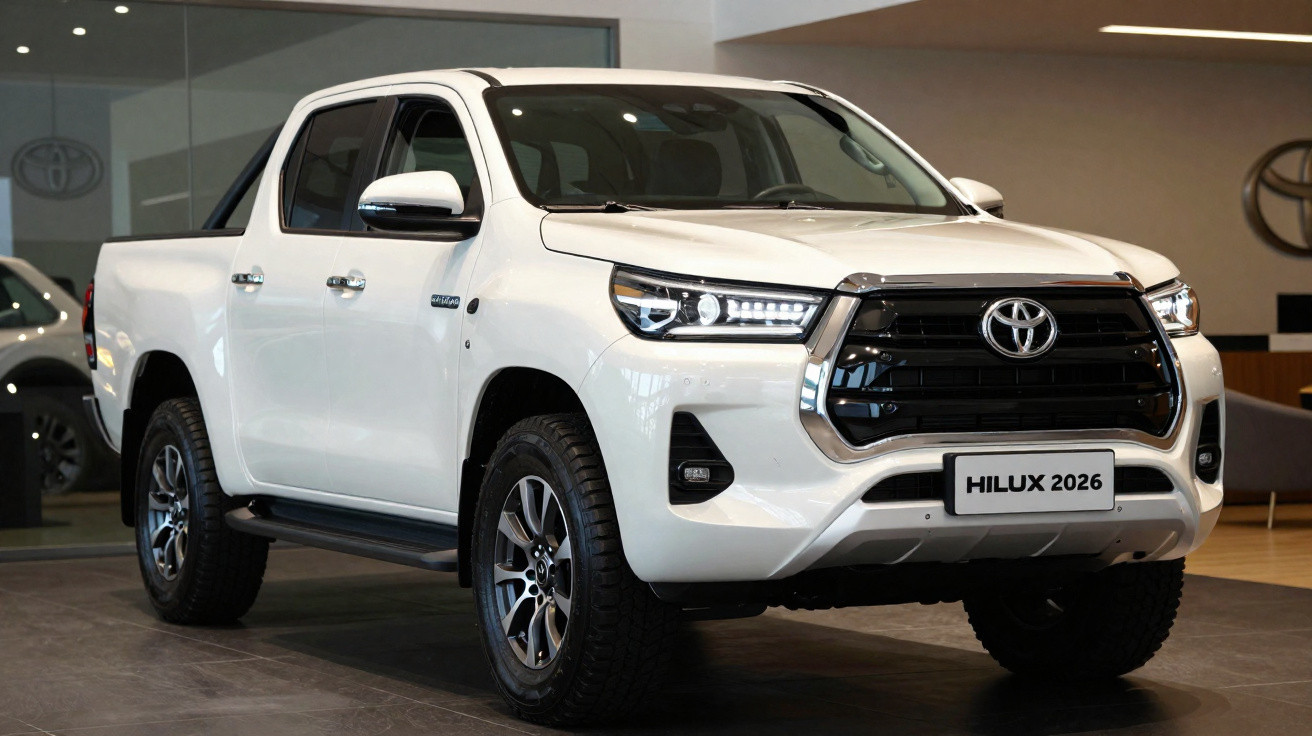Pick-up Toyota Hilux 2026 branca estacionada em salão de automóveis moderno.