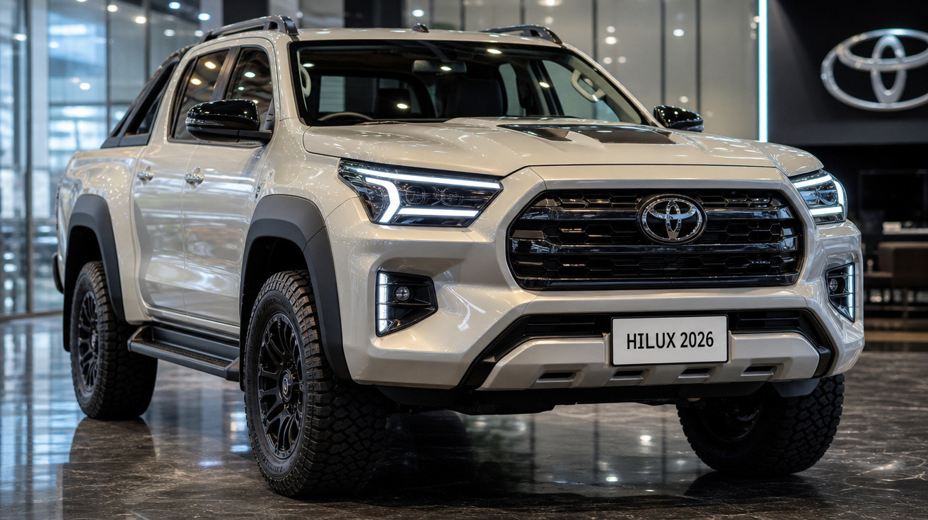 Picape Toyota Hilux 2026 branca em exposição numa sala com chão brilhante.