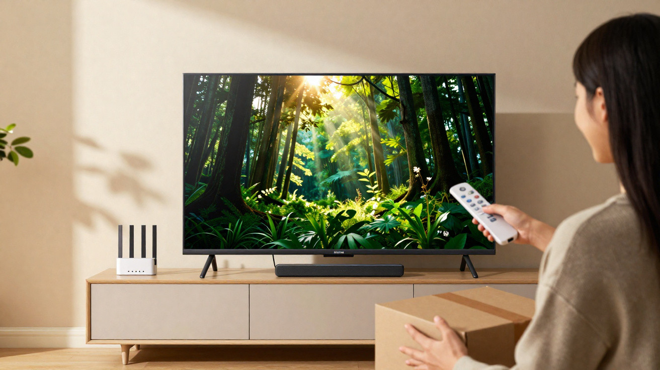 Pessoa com controlo remoto a assistir a um ecrã de televisão grande com imagem de floresta iluminada pelo sol.