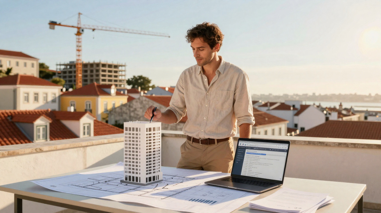 Homem a trabalhar num modelo de edifício e plantas numa mesa exterior, com computador portátil aberto.