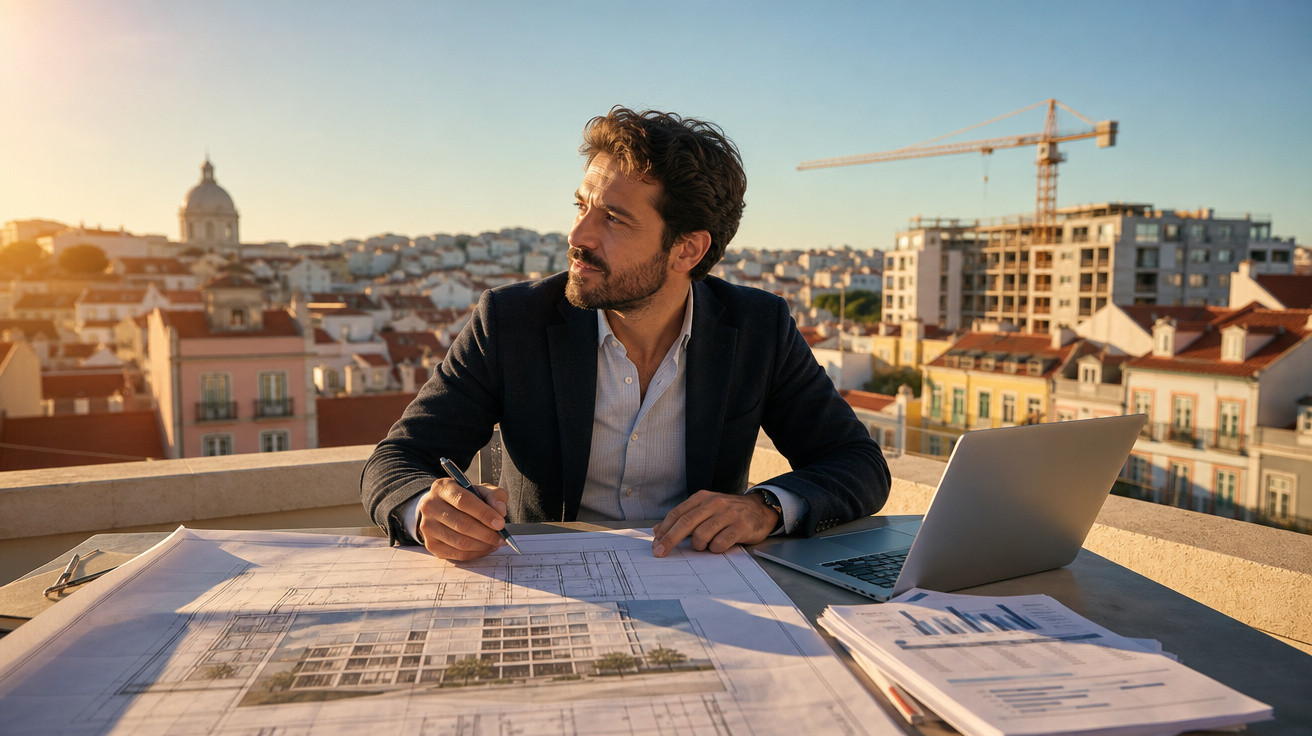 Homem a trabalhar em desenhos arquitetónicos num terraço com vista para uma cidade ao pôr do sol.
