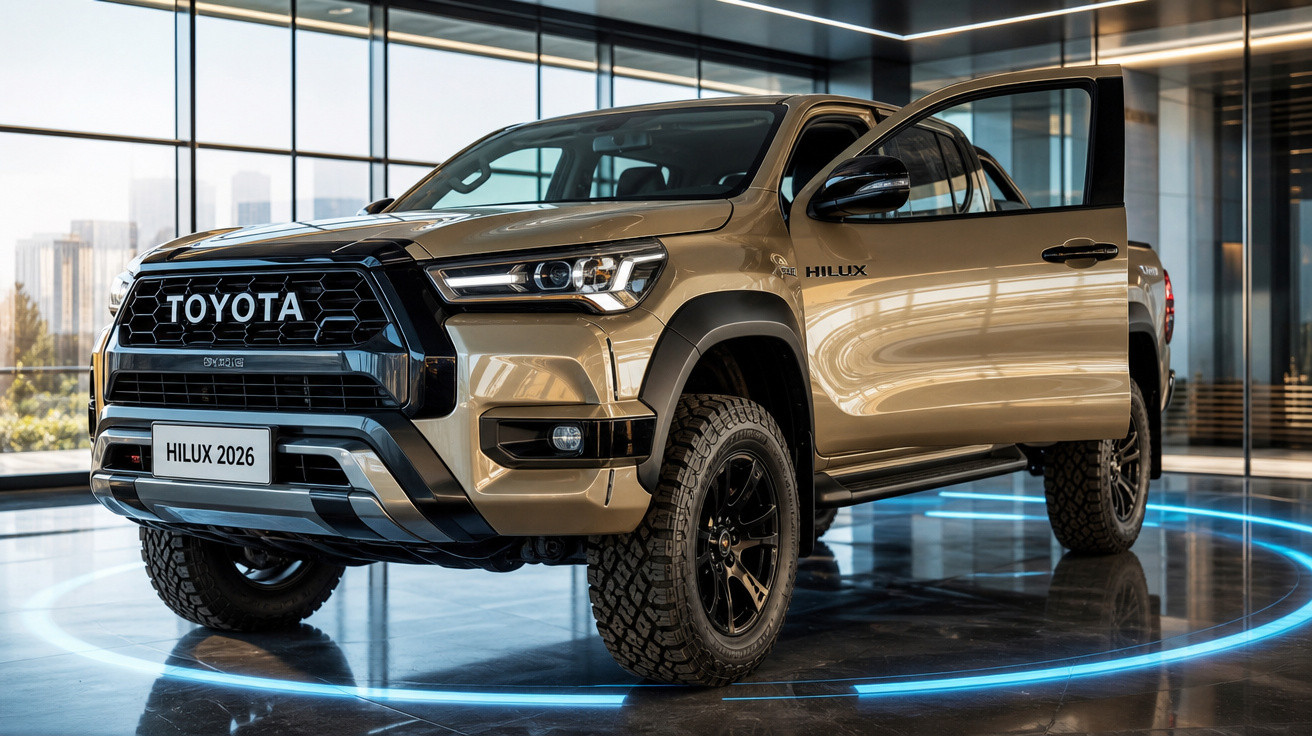 Toyota Hilux 2026 dourada exposta em showroom moderno com portas abertas e luzes LED no chão.
