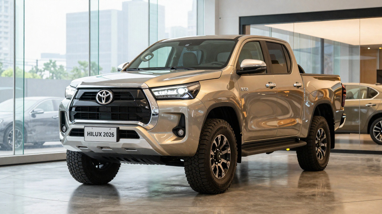 Picape Toyota Hilux 2026 cinza exposta em salão com janelas de vidro e edifícios ao fundo.