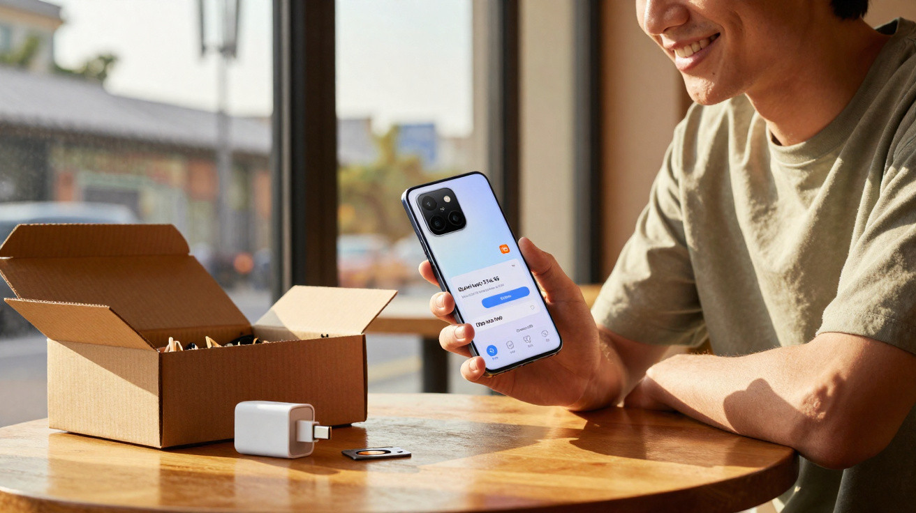 Pessoa sorridente a segurar um smartphone Xiaomi com carregador e caixa aberta numa mesa junto a uma janela.