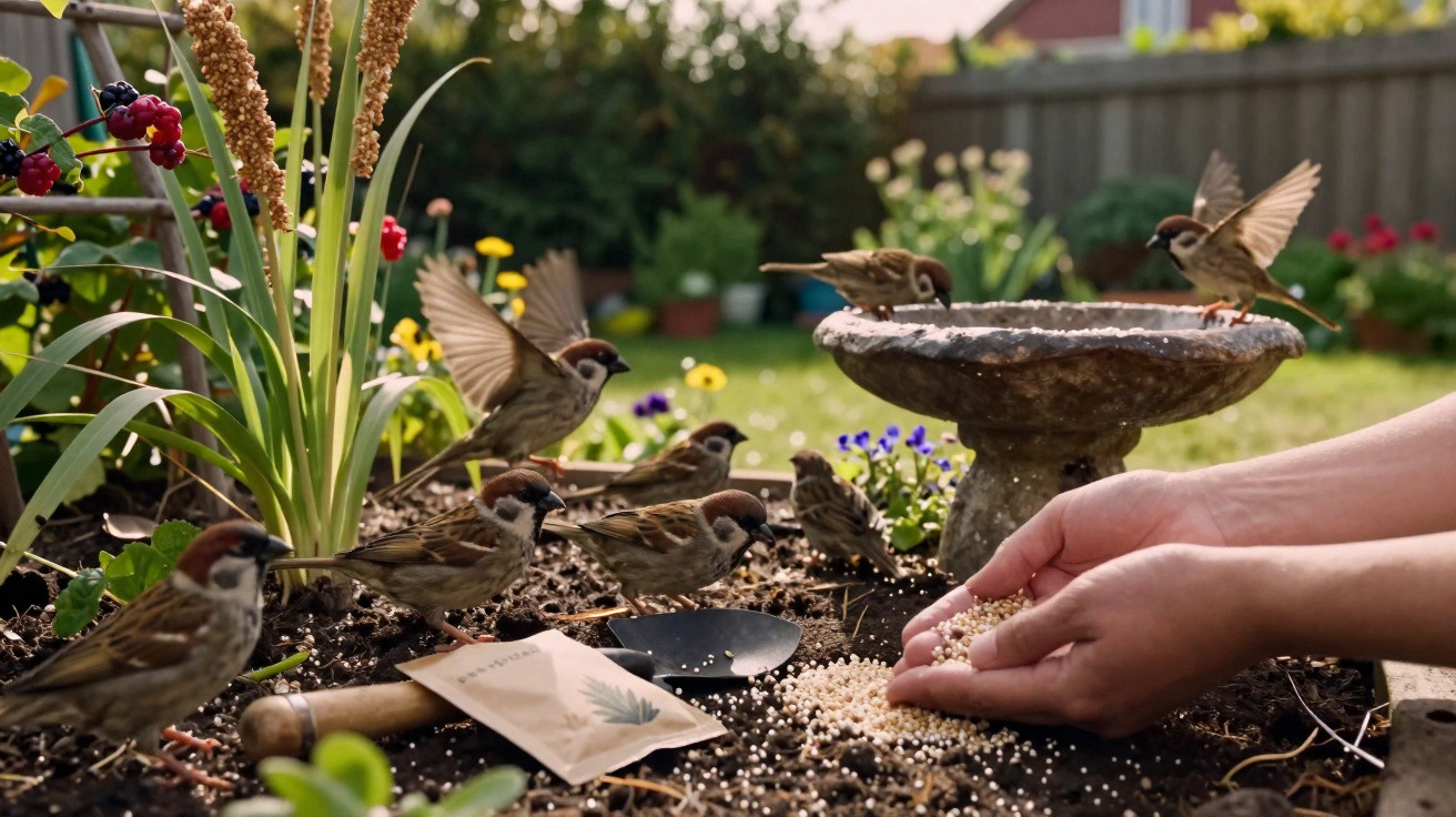 Mãos a alimentar pequenos pardais num jardim com terra, flores e bebedouro para aves ao fundo.