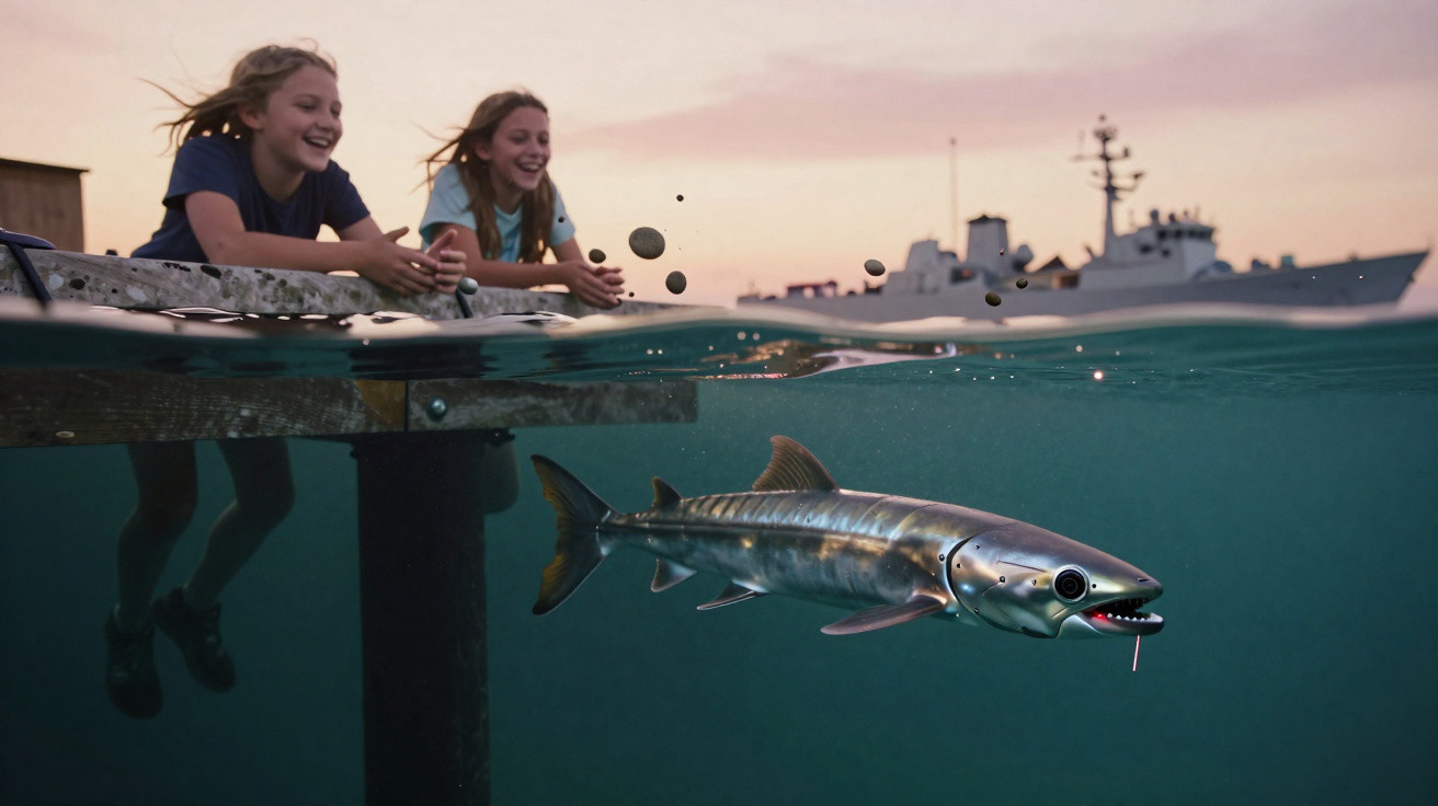 Duas raparigas junto a um cais a jogar pedras na água, com um peixe grande e um navio ao fundo.
