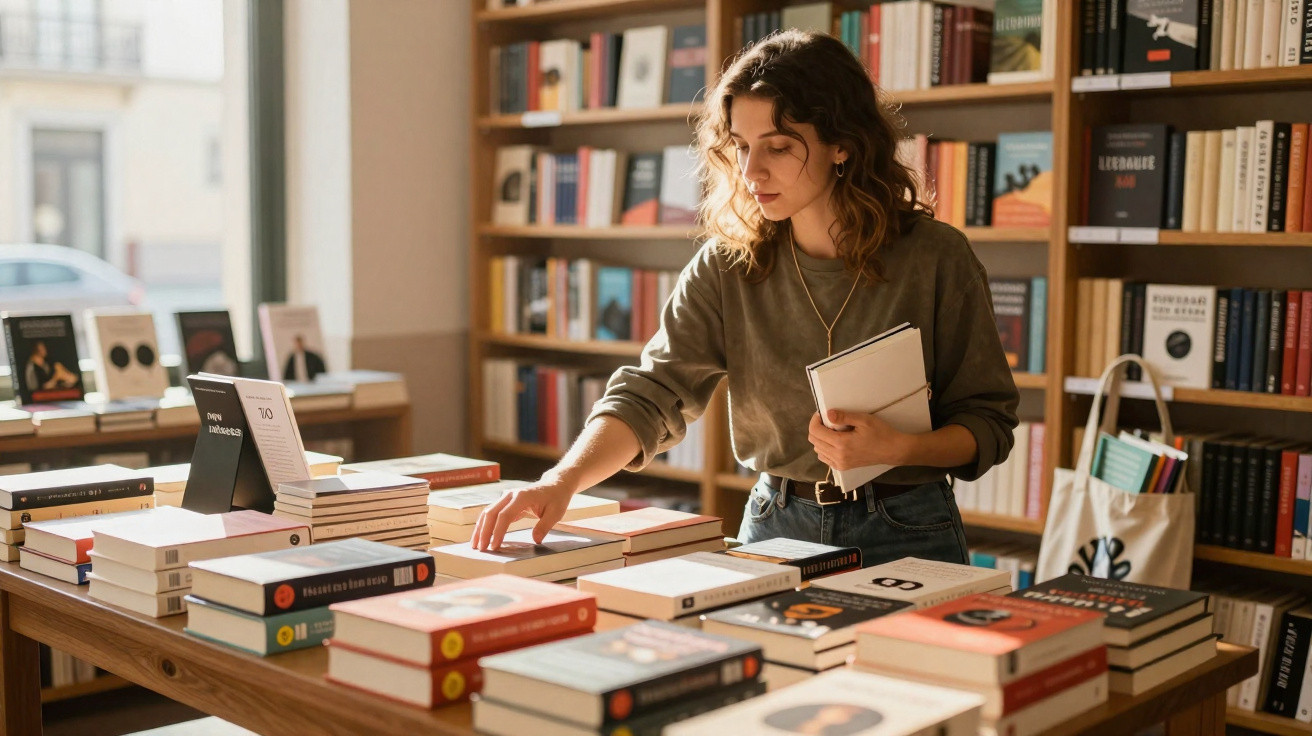 Mulher jovem a folhear e escolher livros numa mesa cheia numa livraria com estantes ao fundo.