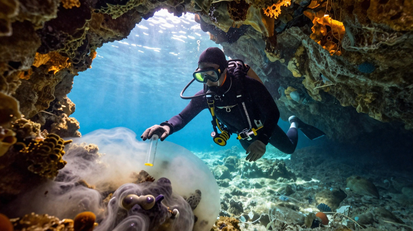 Mergulhador de equipamento completo explora e recolhe amostra em gruta submarina cheia de corais e luz natural.